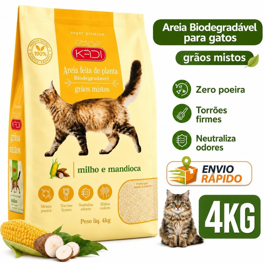 Areia Mandioca Milho Kadi 4 Kg Grãos Mistos Biodegradáveis Para Gato - Envio Imediato -