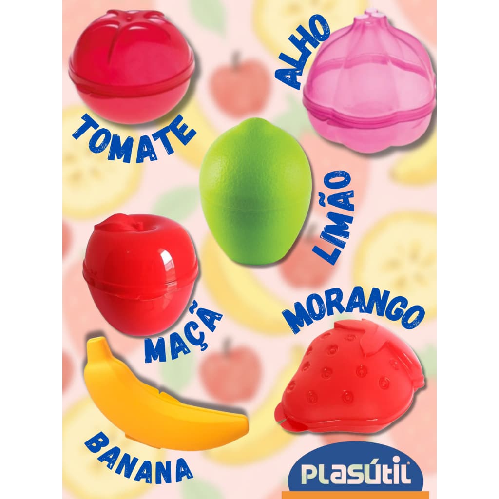 KIT Porta Metade Frutas - Plasútil - Morango, Maçã, Banana - Porta Mix Temperos