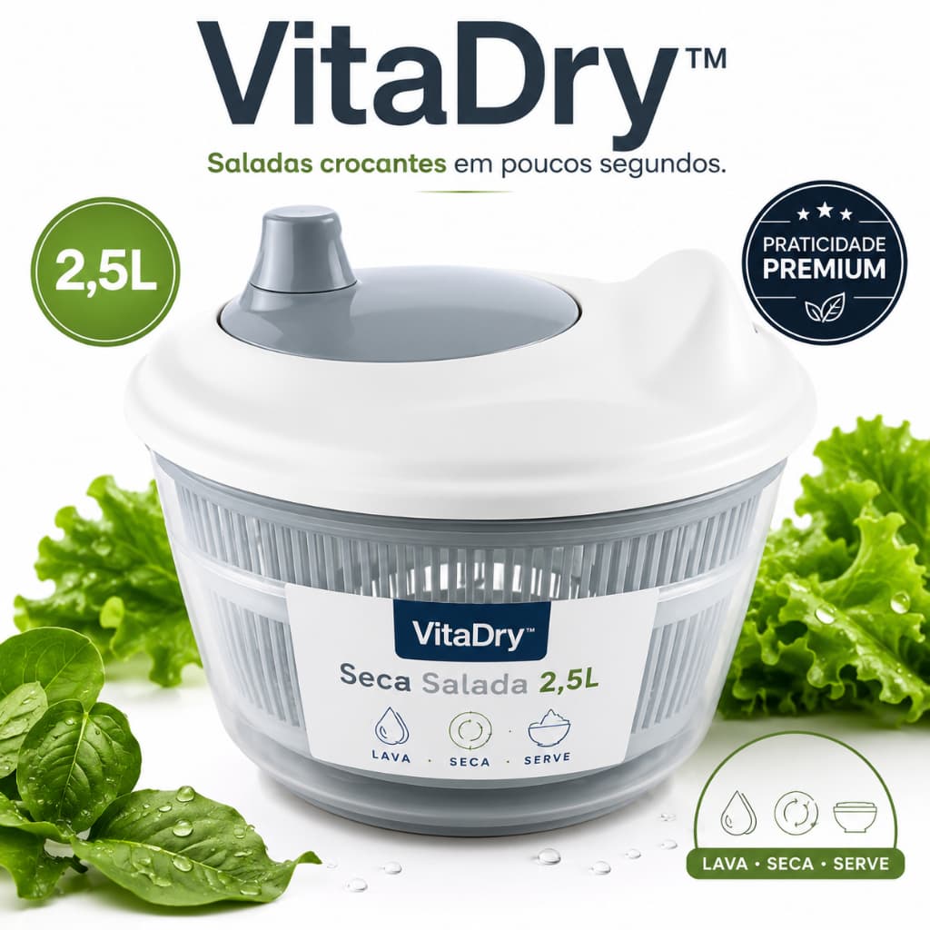 VitaDry™ Seca Salada 2,5L Centrífuga para Folhas e Verduras Bowl Multifuncional Cinza