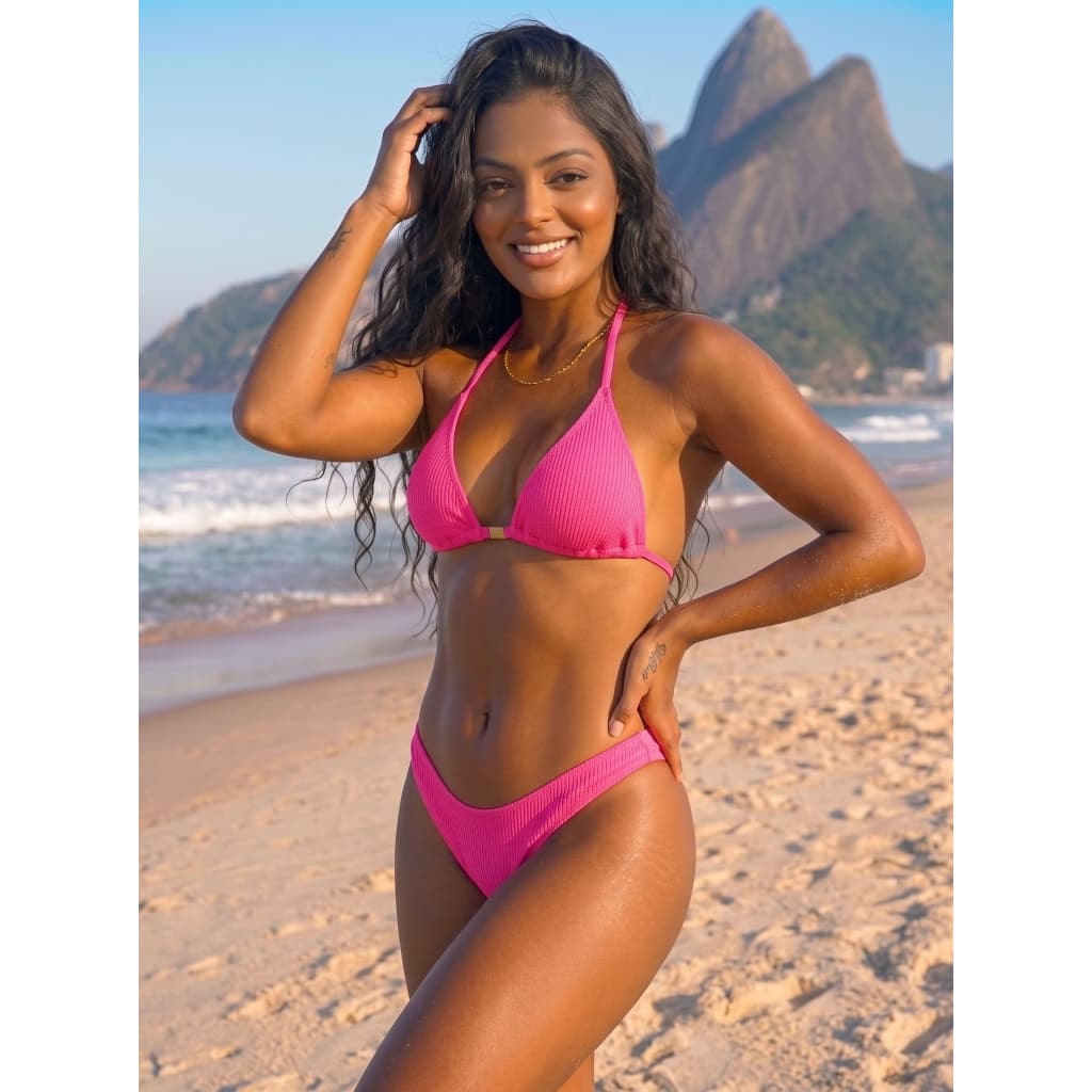 Kit Biquini Feminino Texturizado Cortininha Asa Delta Moda Praia Com Bojo Removível