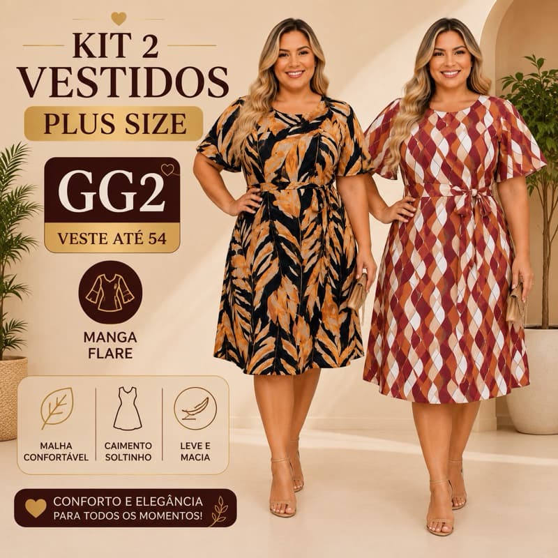 Kit 2 Vestidos Plus Size GG2 Manga Flare Malha Fria Soltinho Estampado Feminino Veste Até 54