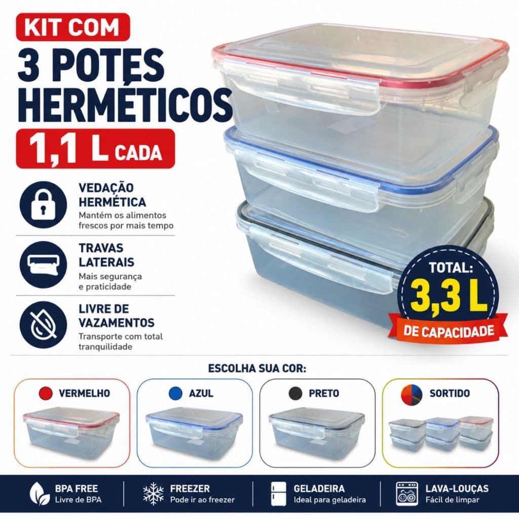 Kit 3 Potes Herméticos 1,1L com Travas e Vedação Silicone Organizador de Alimentos Freezer Geladeira Marmita BPA Free