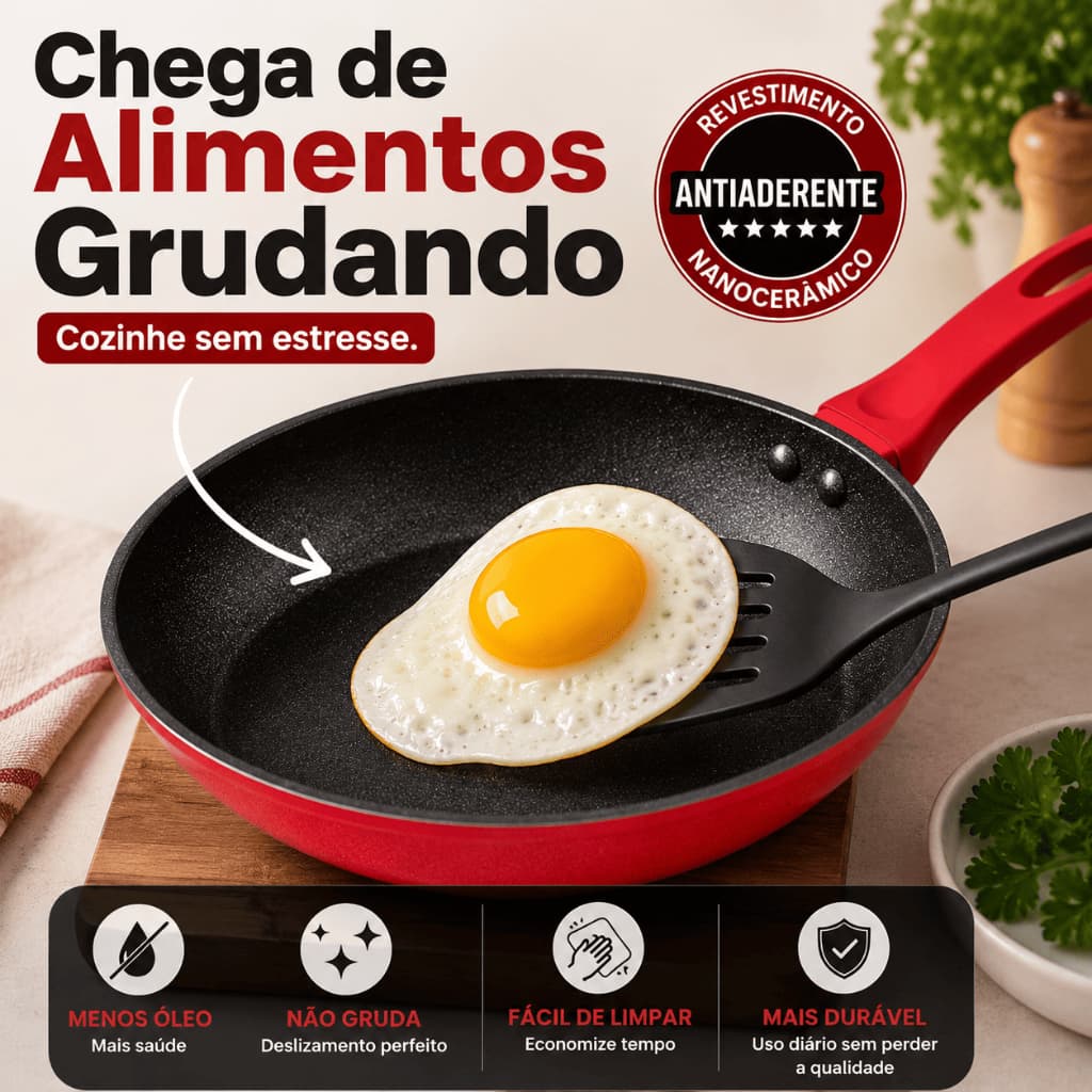 Frigideira Nanocerâmica 20cm Antiaderente Vermelha Indução Gás Elétrico Cerâmica Sem Grudar
