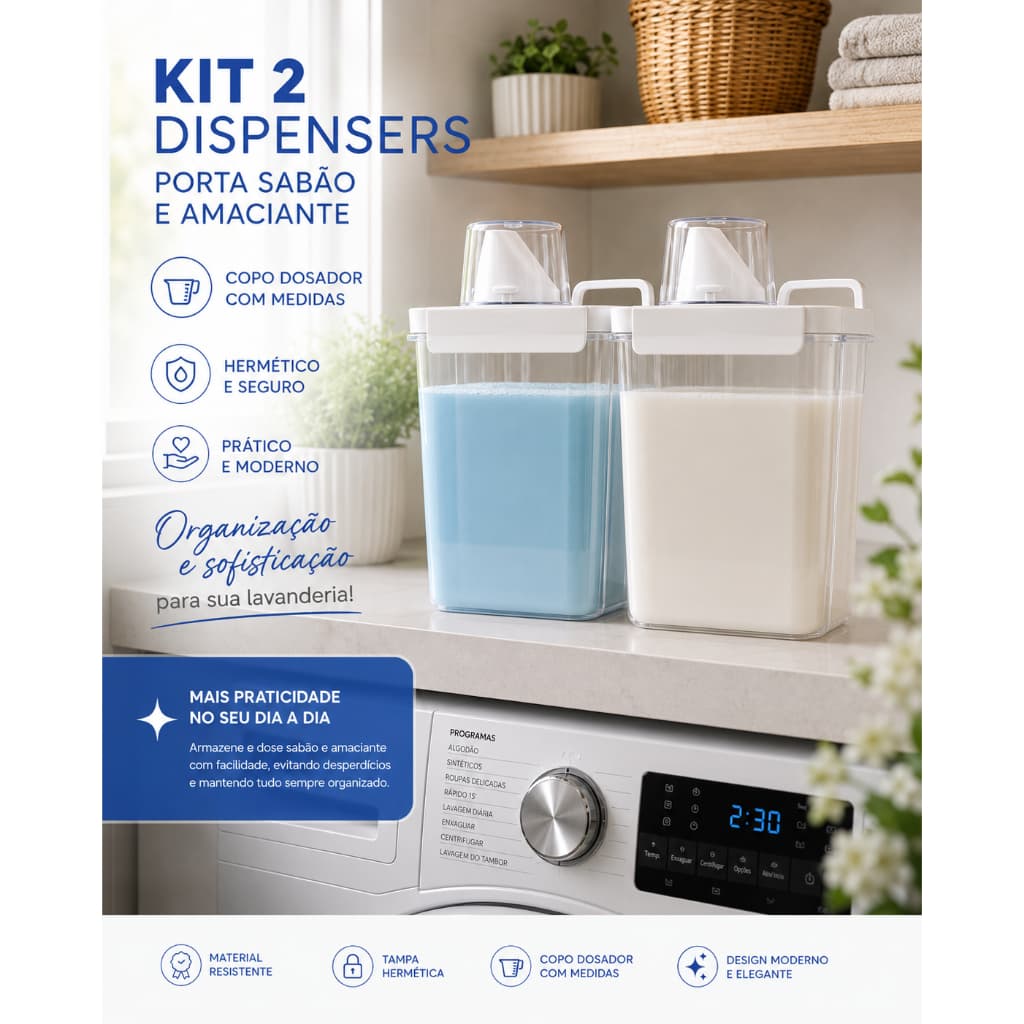 Kit com 2 Dispenser Organizador Lavanderia c/ copo medidor Original Helsim