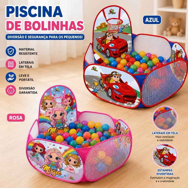Piscina de Bolinhas Infantil com Cesto de Basquete Brinquedo Dobrável Menino e Menina princesas Carros