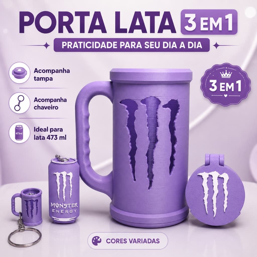 Kit Caneco Porta Lata Monster 3 em 1 com Tampa Chaveiro e abridor (SEM NOME)
