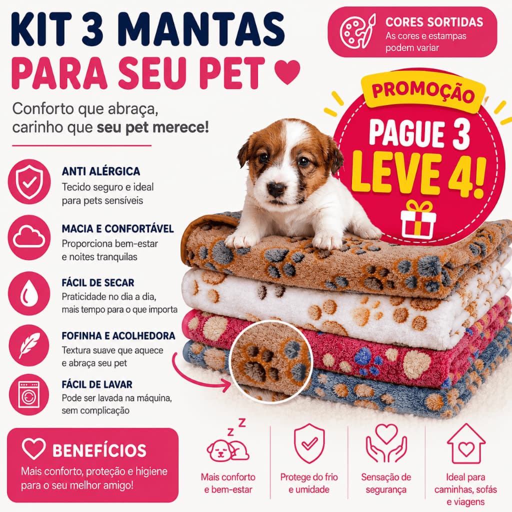 KIT 3 COBERTORES PET – MACIO, LAVÁVEL E NÃO SOLTA PELOS | PROTEGE SOFÁ E CAMA - PAGUE 3 LEVE 4