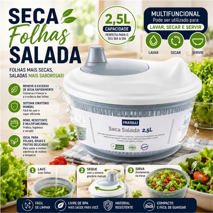 Seca Salada 2,5L Centrífuga de Salada Lava Seca e Serve Escorredor de Alface Verduras