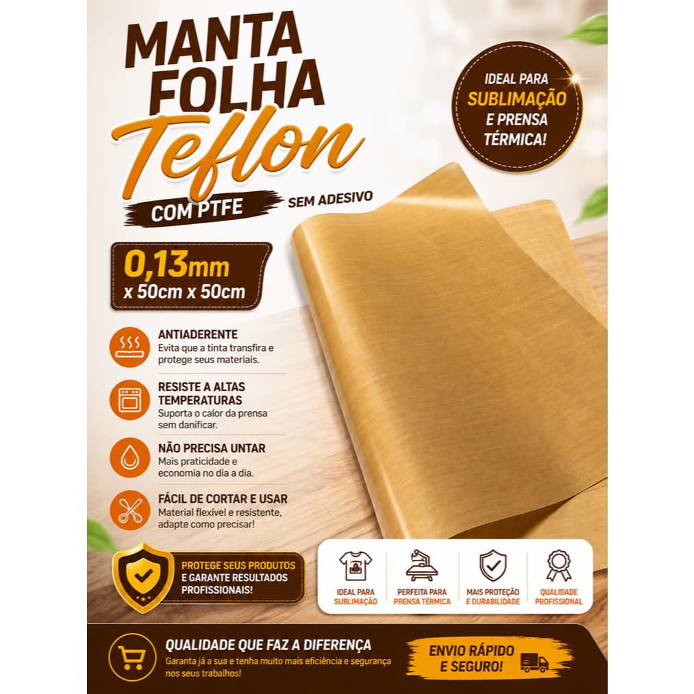 Manta Folha Teflon com PTFE 0,13mm x 50cm x 50cm Sem Adesivo - Sublimação