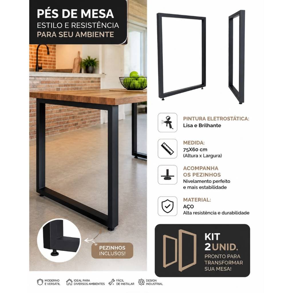 Pé De Mesa Estilo Industrial Metalon 75x60 Kit C/ 2pçs Preto