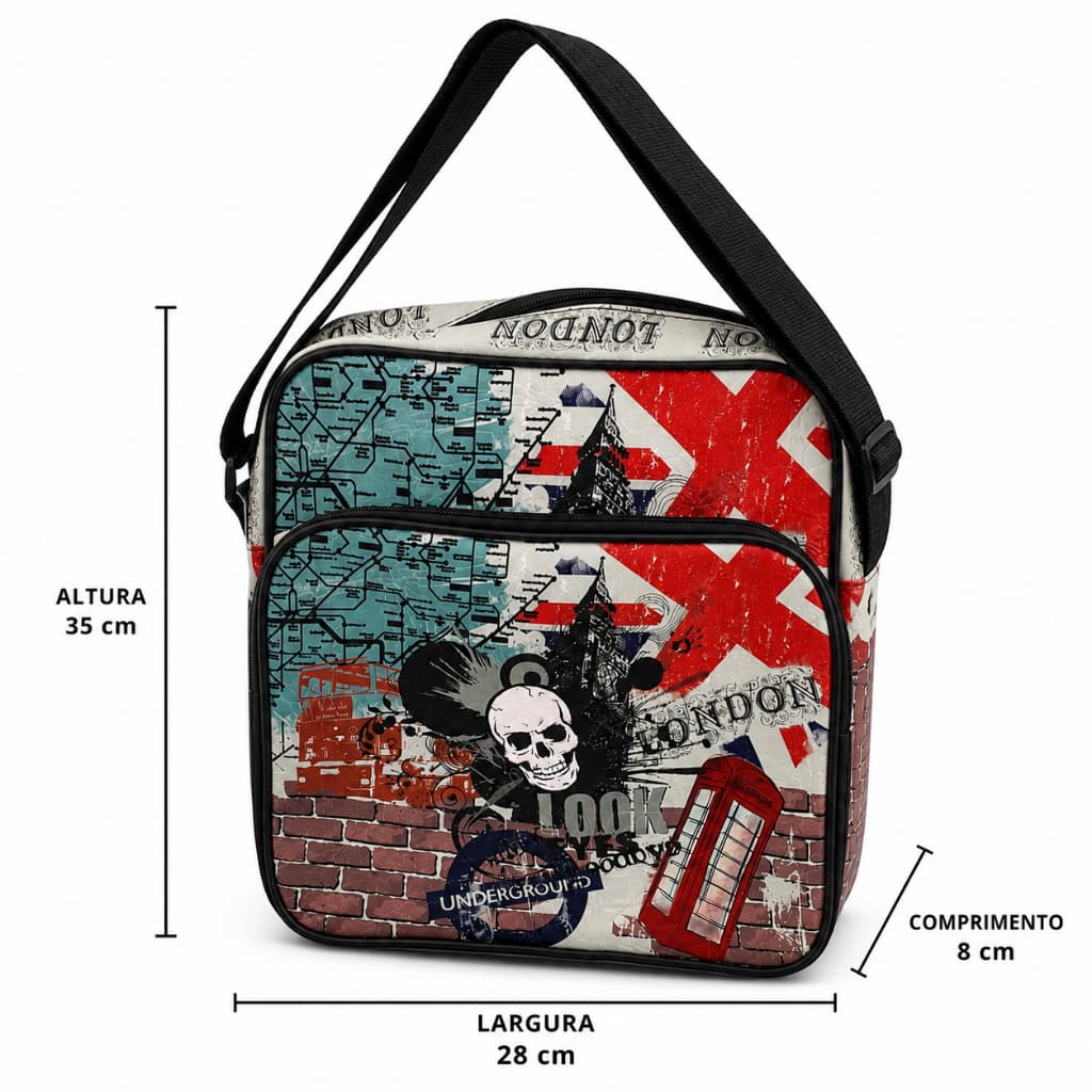 Mochila de Ombro Londres Caveira Couro Sintético 35x28x8 cm Alça Regulável