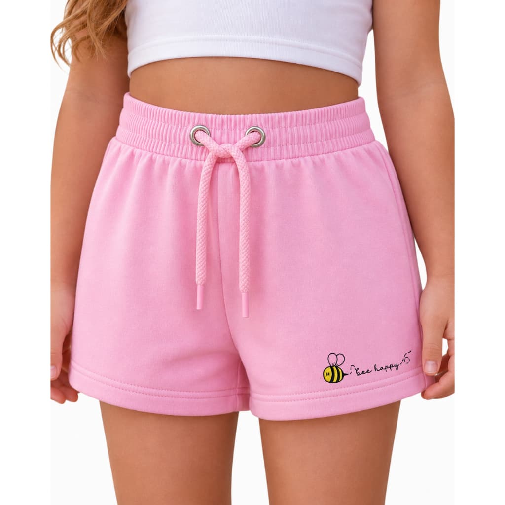 Short Infantil Feminino Moletinho Confortável com Cintura de Ribana e Bordado  Abelhinha Com Bolso – Rosa, Preto e Cinza