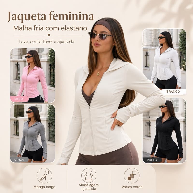Jaqueta Feminina academia em Malha Fria Acinturada com Capuz