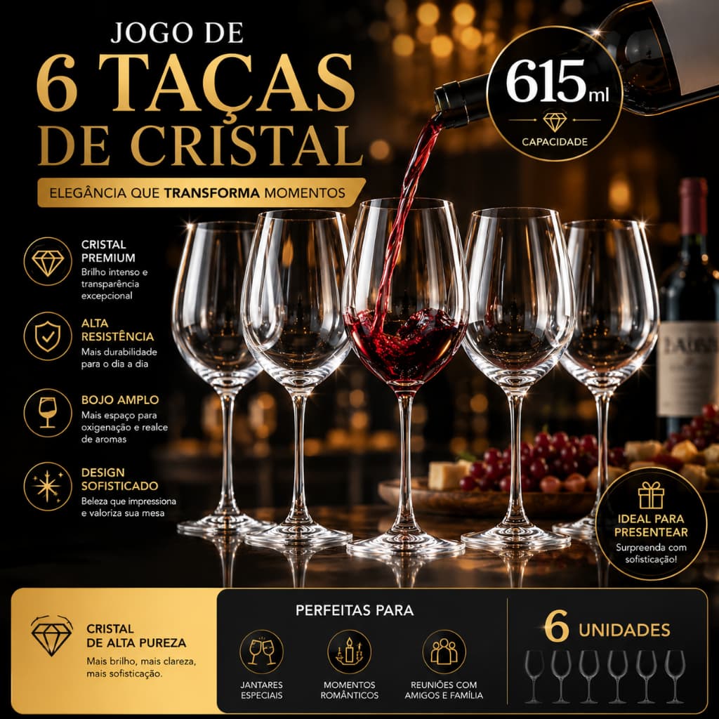Jogo 6 Taças Grandes Cristal Degustação Vinho Premium Brilho Intenso Alta Resistência Elegante Mesa Posta Sofisticada