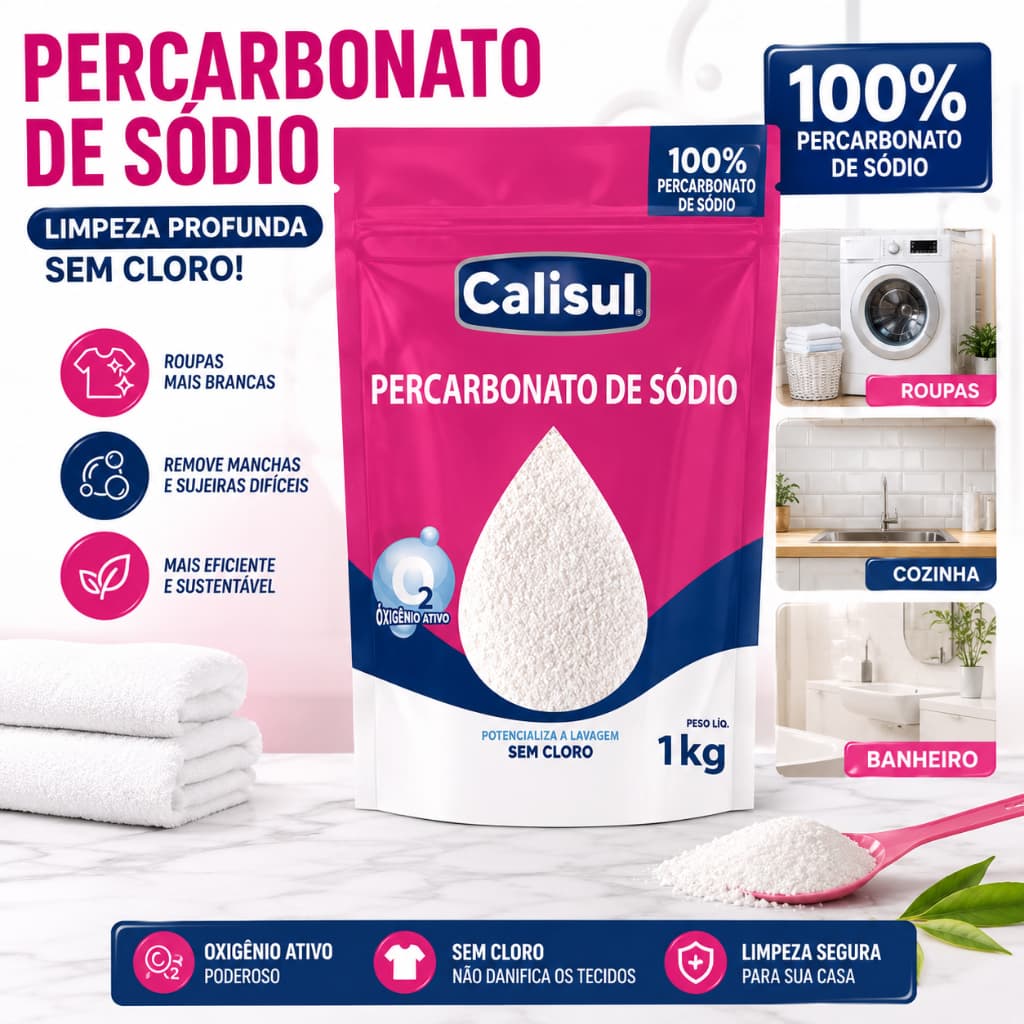 Percarbonato De Sódio 1kg Alvejante Sem Cloro Tira Manchas Roupa Branca e Colorida Calisul