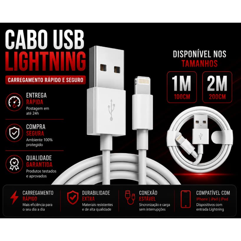 Cabo Lightning para iPhone 1 Metro ou 2 Metros Carregamento Rápido 4.8A Compatível iPhone e iPad