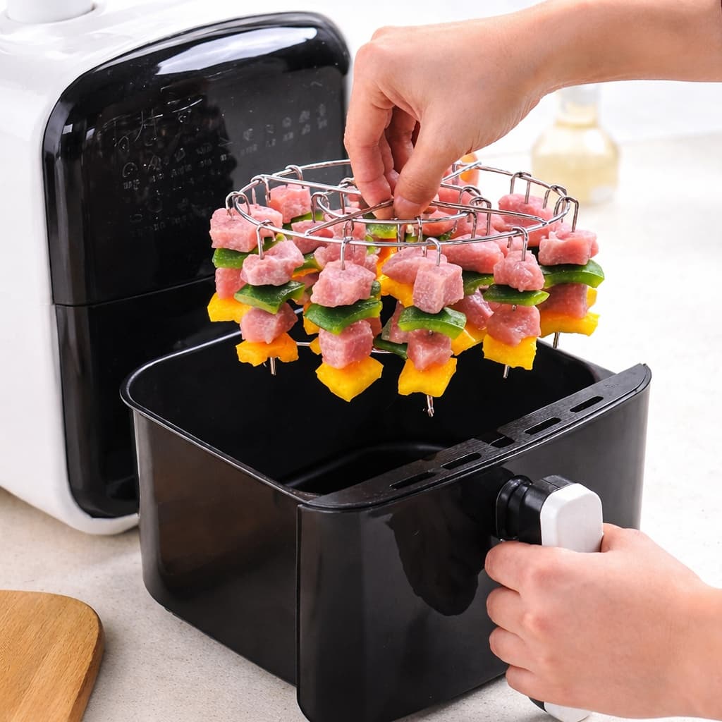 Kit Espetos Churrasco Para Air Fryer Com Rack Suporte Espetinho Ponta Grelha Portátil Multiuso Forno