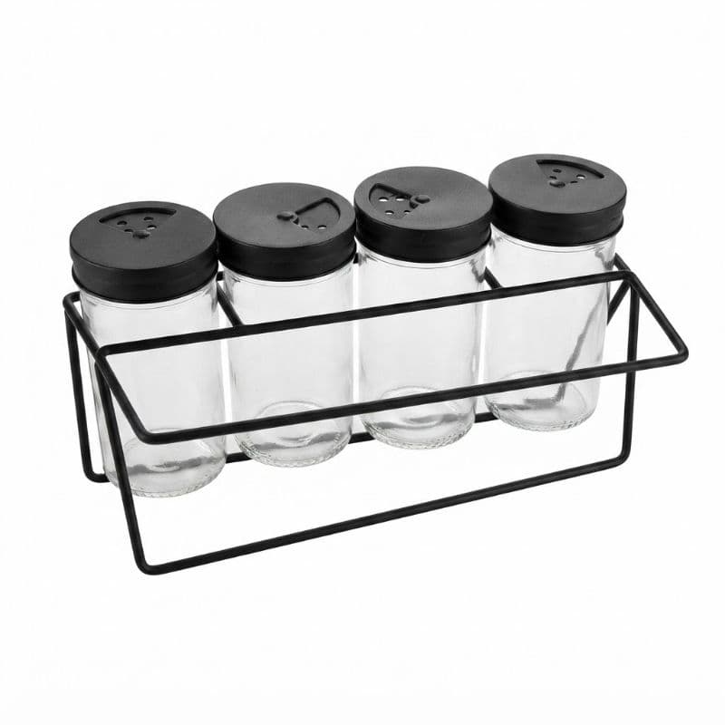 Kit 4 Porta Temperos De Vidro Com Suporte Aramado 90ml Preto
