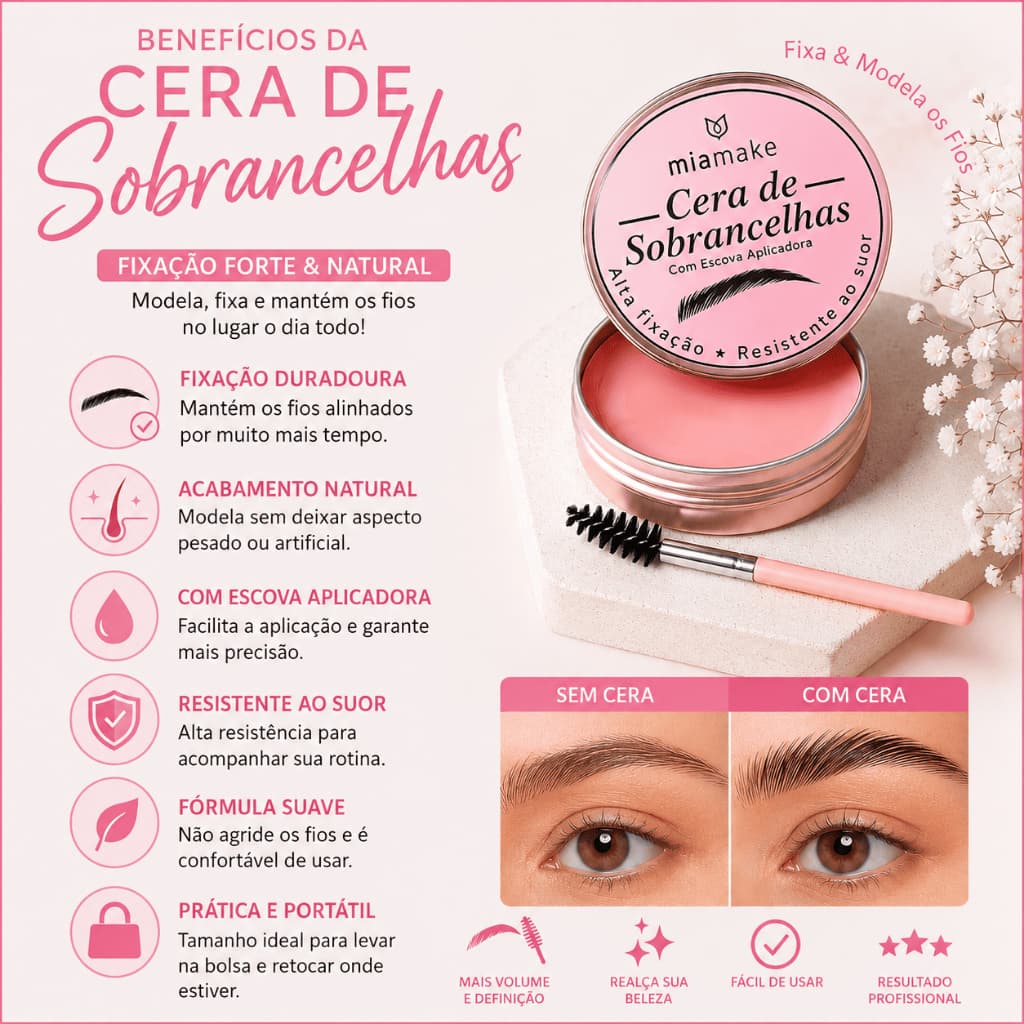 Cera para Sobrancelha MiaMake Fixadora Modeladora com Escova Alta Fixação