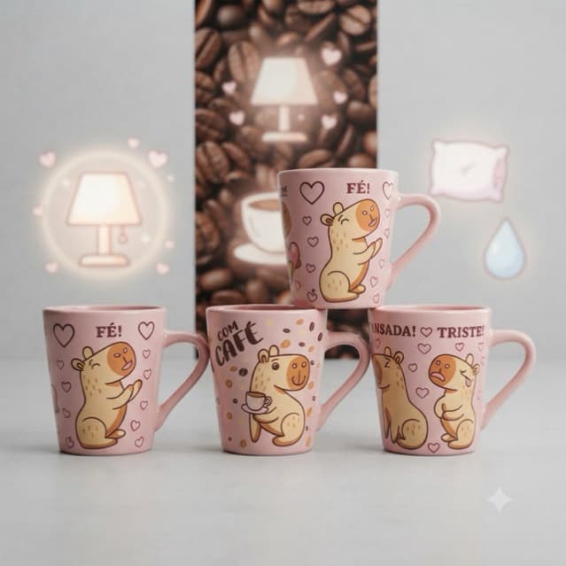 Kit Caneca Cônica Rosa Faixa Capivara 120ml Xícara Chá Café Porcelana Personalizada Presente Elegante Desing Sofisticado