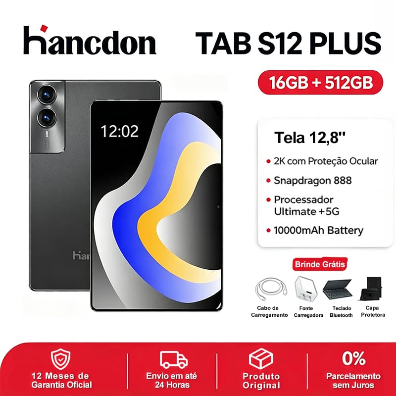 Hancdon Tablet S12 Plus 12.8" Tela FHD  [16+512GB] | Bateria 10000mAh | WiFi/5G LTE Android 15