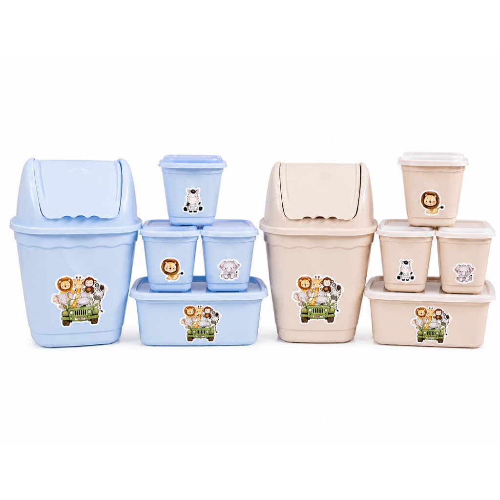 Kit Higiene Bebê Safari 5 Peças Organizador Quarto Infantil Menino Kit Plástico Lixeira Porta Algodão Cotonetes Fraldas