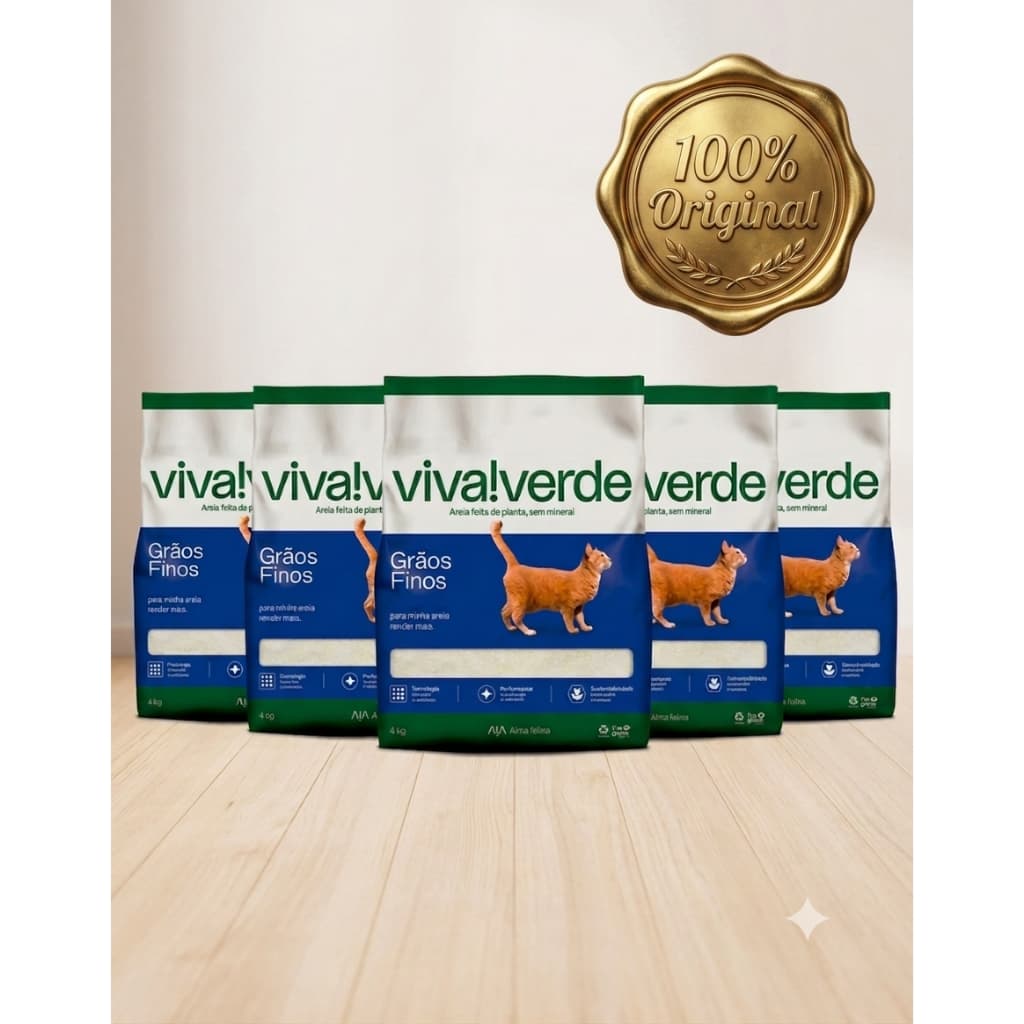 Kit 5 Unidades Areia Higiênica Viva Verde Grãos Finos para Gatos - Biodegradável 4kg