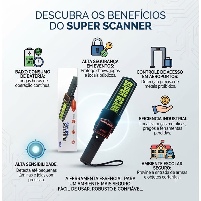 Detector de Metais Portátil Manual Tipo Bastão – Scanner Corporal de Segurança Pro