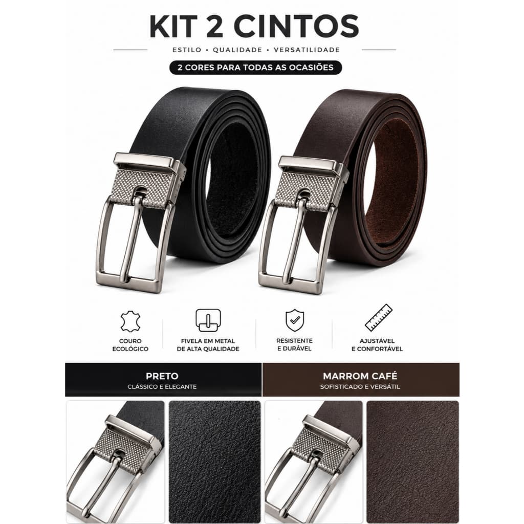 Kit 2 Cintos Masculino Couro Ecológico Tamanho Ajustável - Promoção Especial Lançamento Dia dos Pais