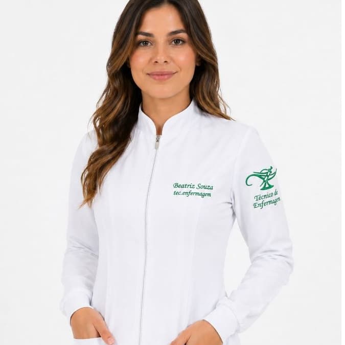 Jaleco em gabardine com logo de técnico de enfermagem e nome inclusos