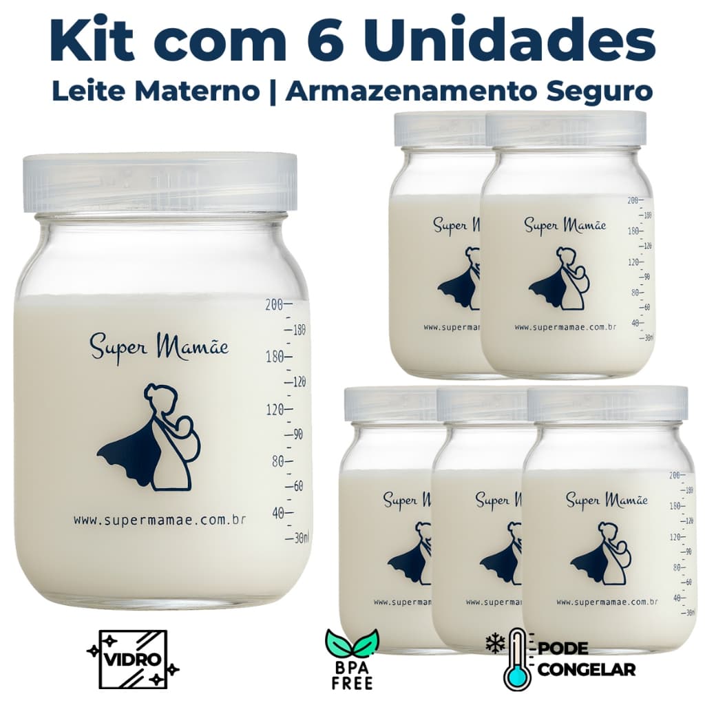 Kit 6 Potes de Vidro 200ml para Armazenar Leite Materno – Tampa Plástica BPA Free