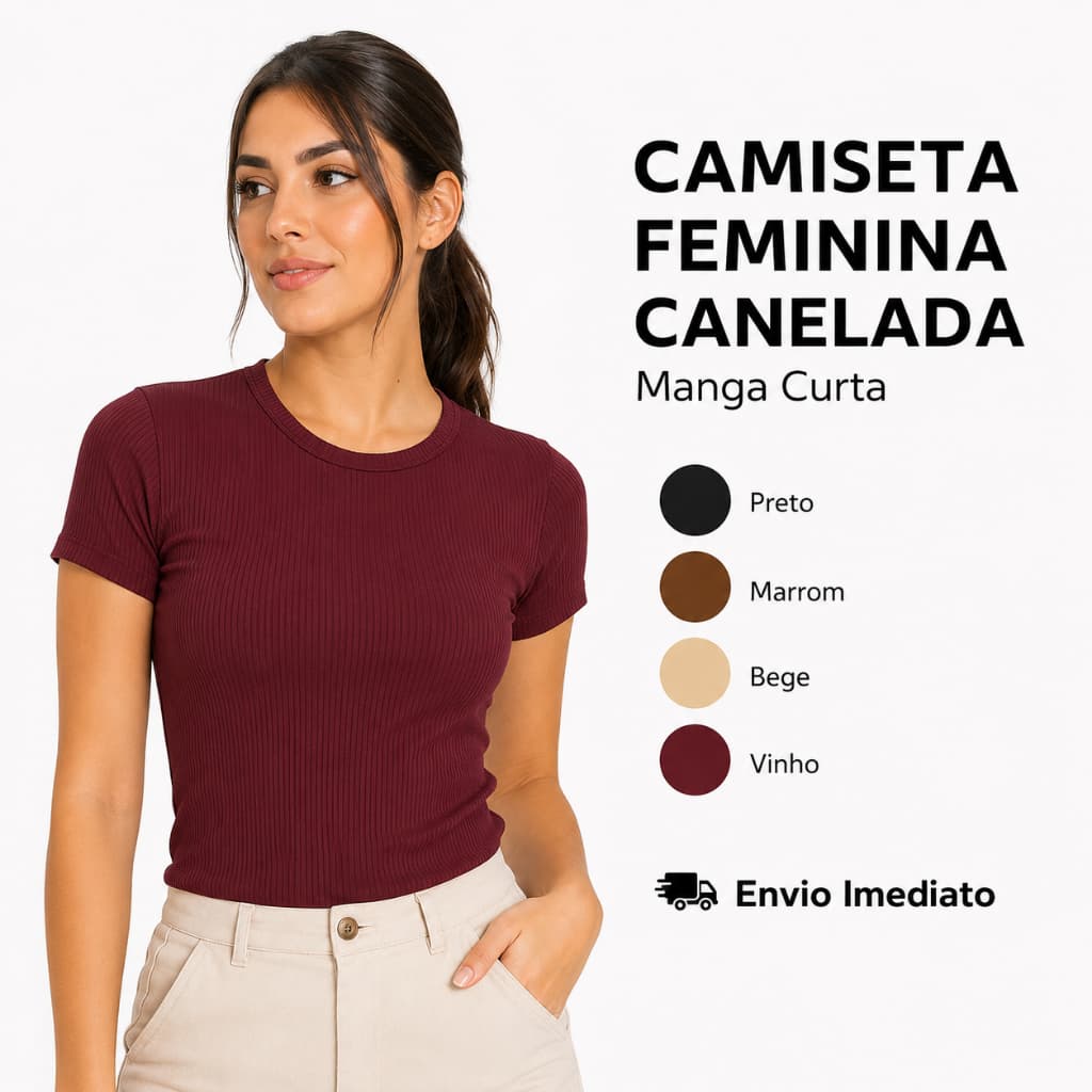 Camiseta Feminina Canelada Manga Curta Baby Look Básica Casual Academia