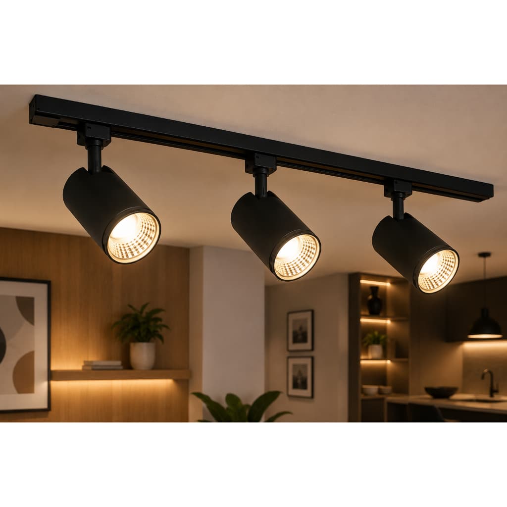 Kit Trilho eletrificado preto + spots direcionáveis 30w Branco Quente 3000K Iluminação Decoração Mayler