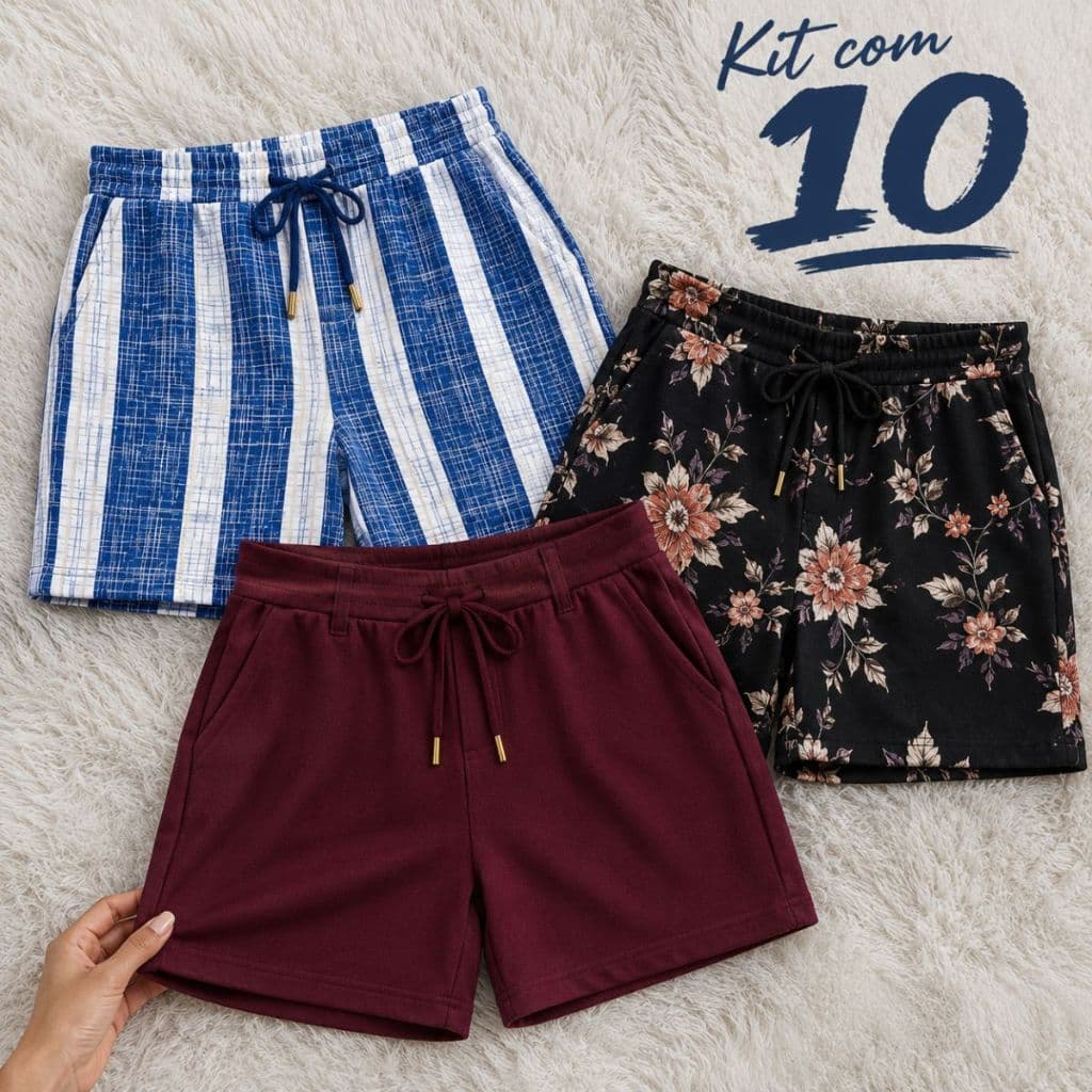 Kit 10 short feminino malha crepe bermuda premium cintura alta fashion