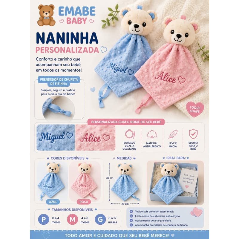 Naninha Bebê Personalizada com Nome Prendedor de Chupeta Bichinho Bordado Antialérgica + Brinde