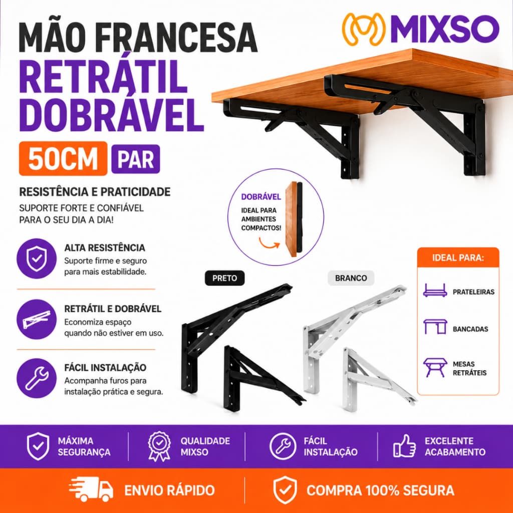 Suporte Mão Francesa Retrátil Reforçada 50cm Mesa Dobrável