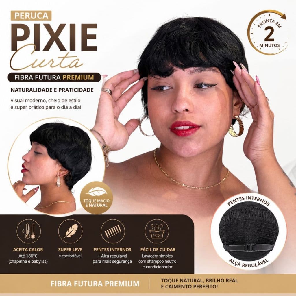 Peruca Wig Curta Estilo Pixie Mônica Orgânica - Fibra de Alta Qualidade Natural