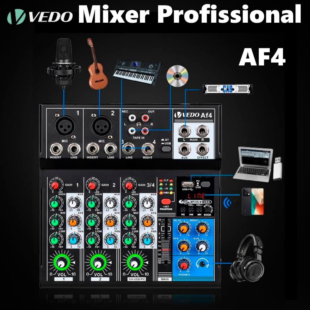 VEDO Mixer Misturador Profissional AF4 2 Canais + Entrada Estéreo Saída de Gravação Independente