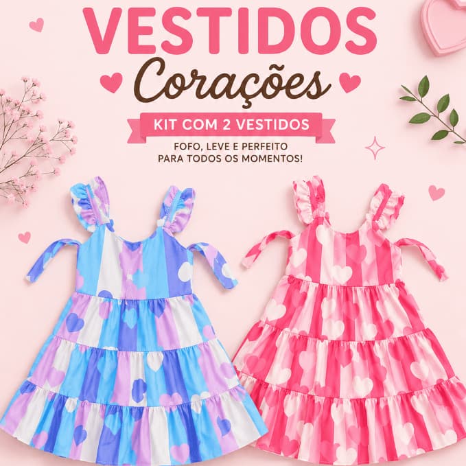 Kit de vestidos estampado de corações rosas + azul  casual e perfeito - Moda Feminina - Moda Infantil
