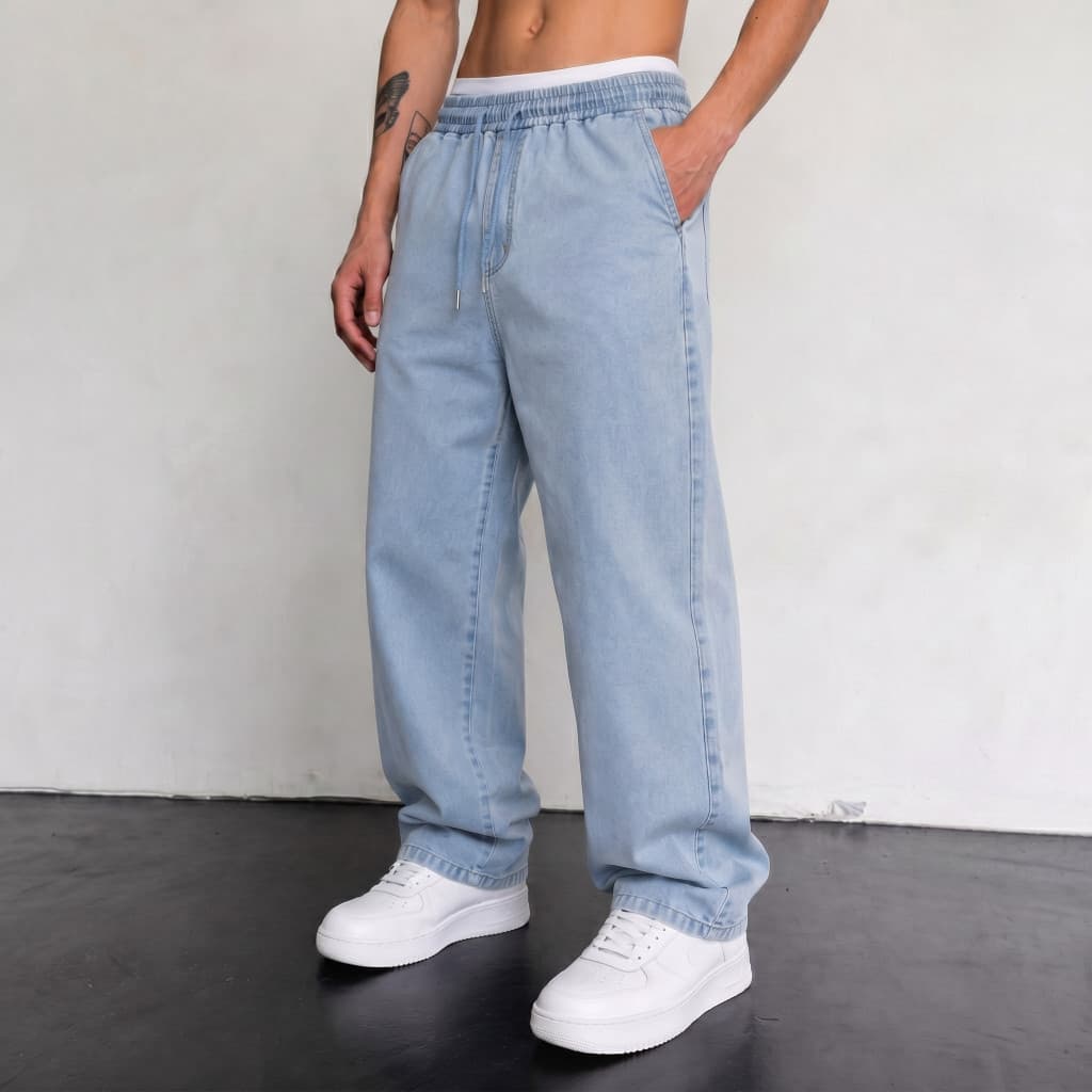 Calça Masculina Balão Jeans Claro Cos Elástico Cordão Skatista