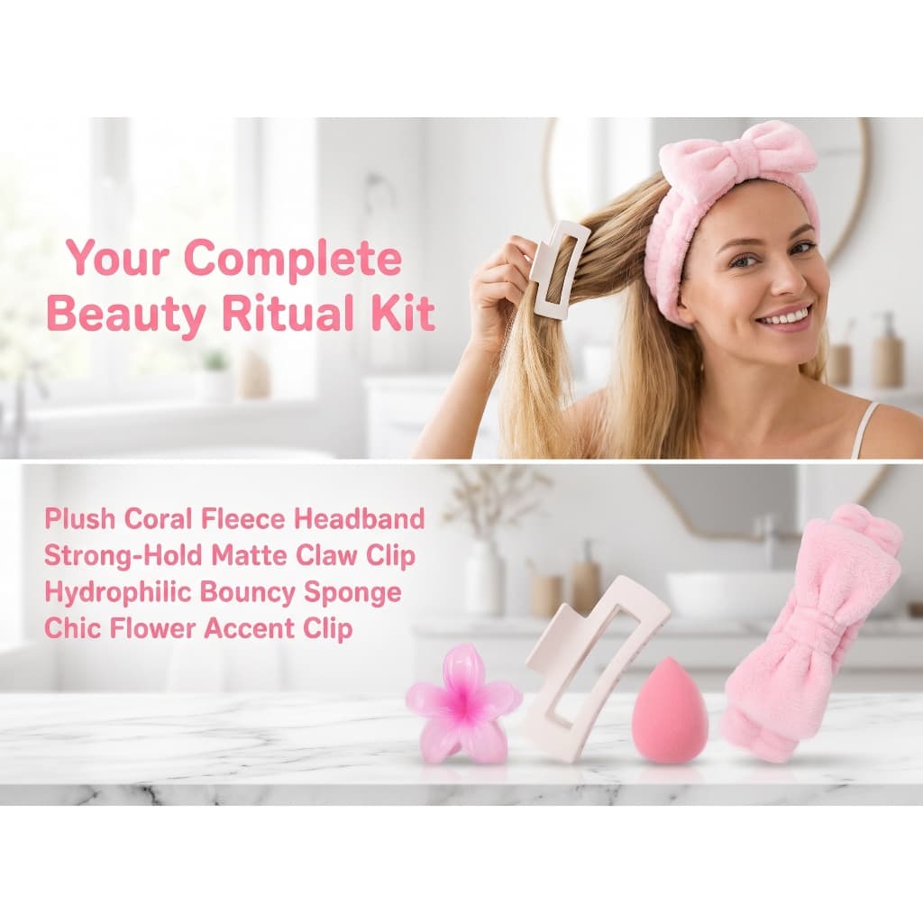 Kit Spa Skincare com Maleta – Faixa de cabelo, Presilha Flor, Piranha e Esponja de Maquiagem