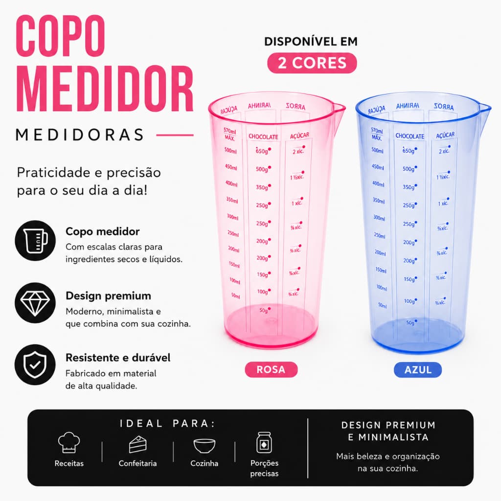 Copo Plástico Medidor Graduado Dosador de 570ml  Receitas Cozinha