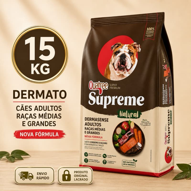 Ração Quatree Supreme Dermasense 15KG Cães Adultos Raças Média e Grandes Ração para Cachorros Nova Fórmula Dermato