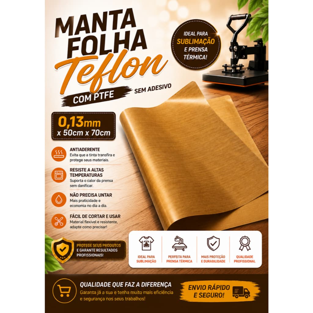 Manta Folha Teflon 0,13mm x 50cm x 70cm Sem Adesivo Sublimação