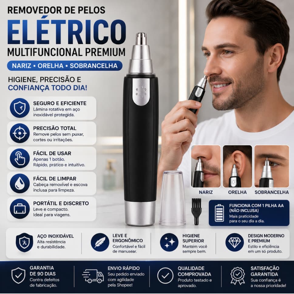 Removedor de Pelos Elétrico Multifuncional Nariz Orelha Sobrancelha Portátil Premium Higiene Pe