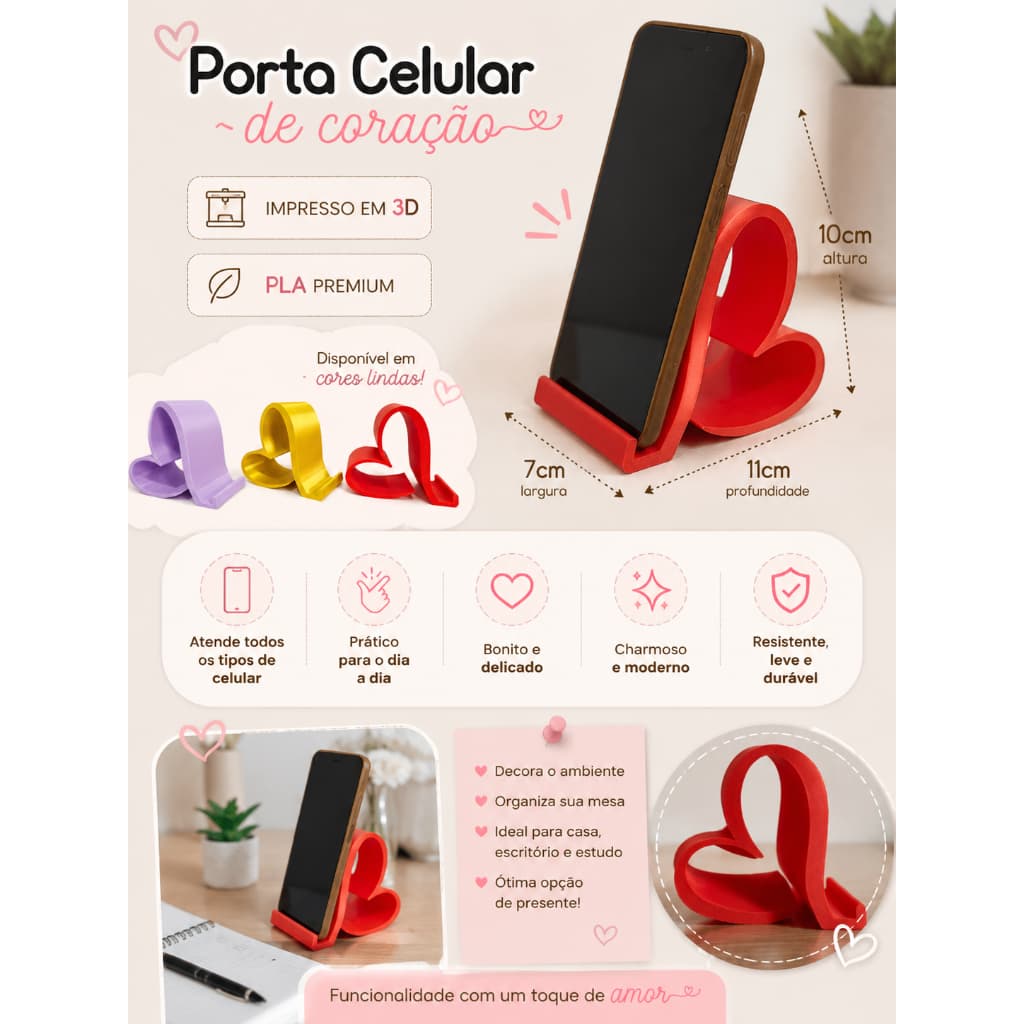Suporte de Celular Coração – Base Porta Celular para Mesa em 3D para Smartphone e iPhone