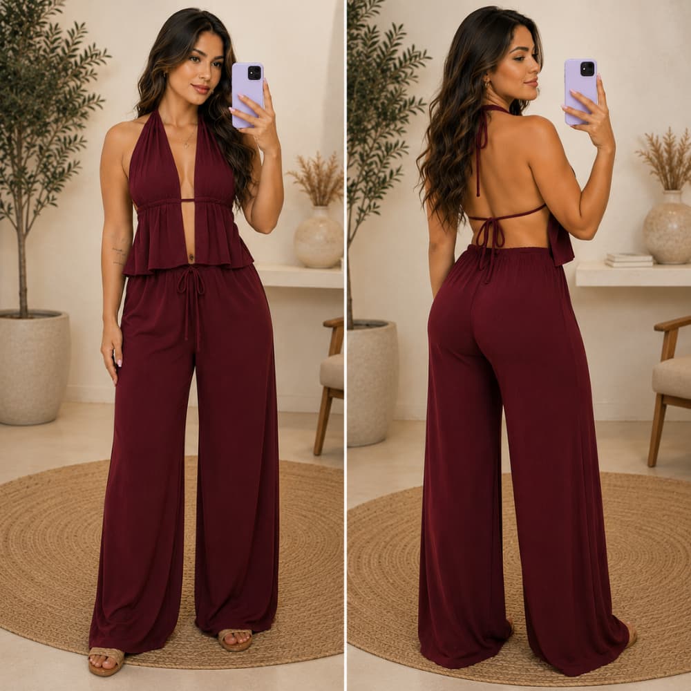 Conjunto Feminino Cropped com Calça Pantalona Look Moderno Confortável e Elegante