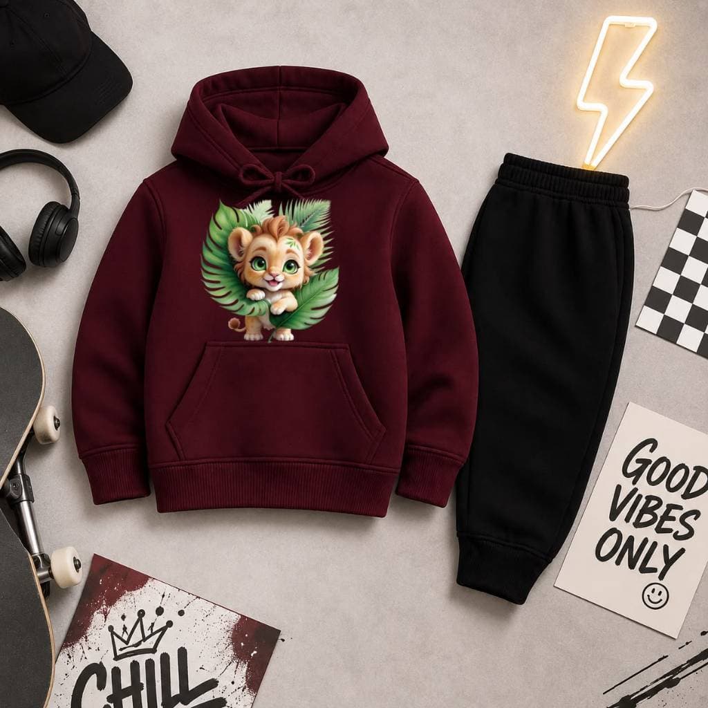 Conjunto Moletom Infantil Canguru Flanelado Unissex Estampa de Leão Fofo Casaco com Capuz e Calça Quentinho Inverno