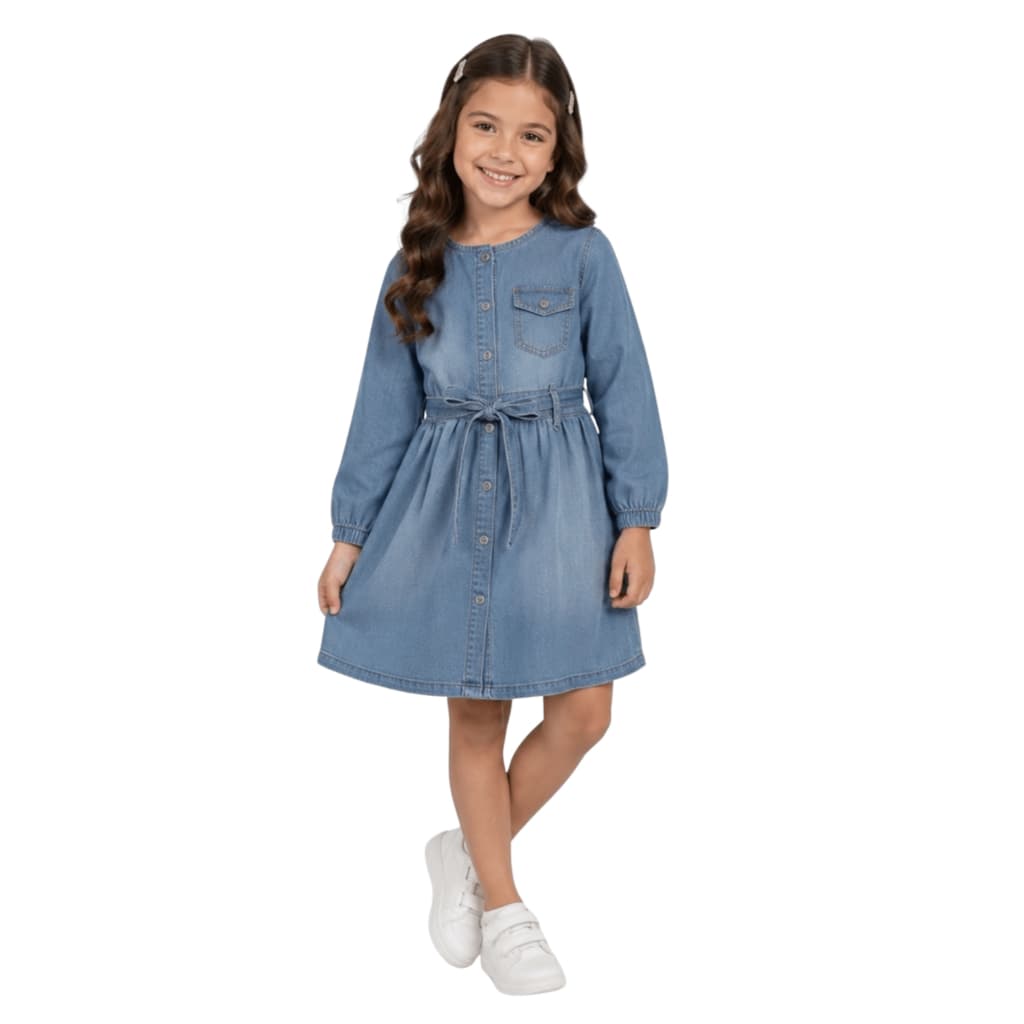 Vestido Jeans Feminino Manga Longa Infantil Menina Juvenil