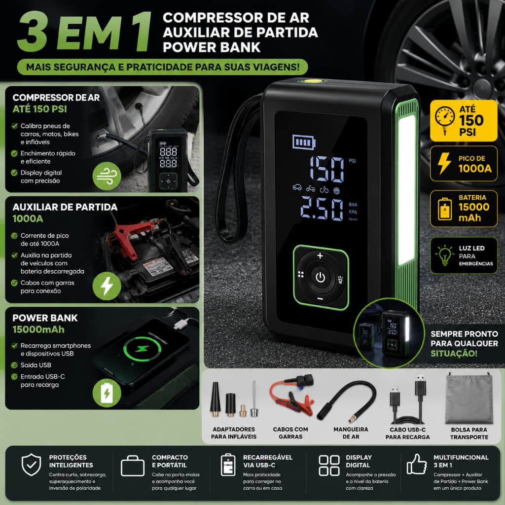 Mini Compressor Digital 150 PSI Jump Starter 1000A Power Bank 15000mAh Carro Moto Bike USB-C
